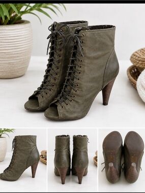 ALDO Olive Green Lace-Up Peep Toe Ankle Booties Heels EU 38 / US 8